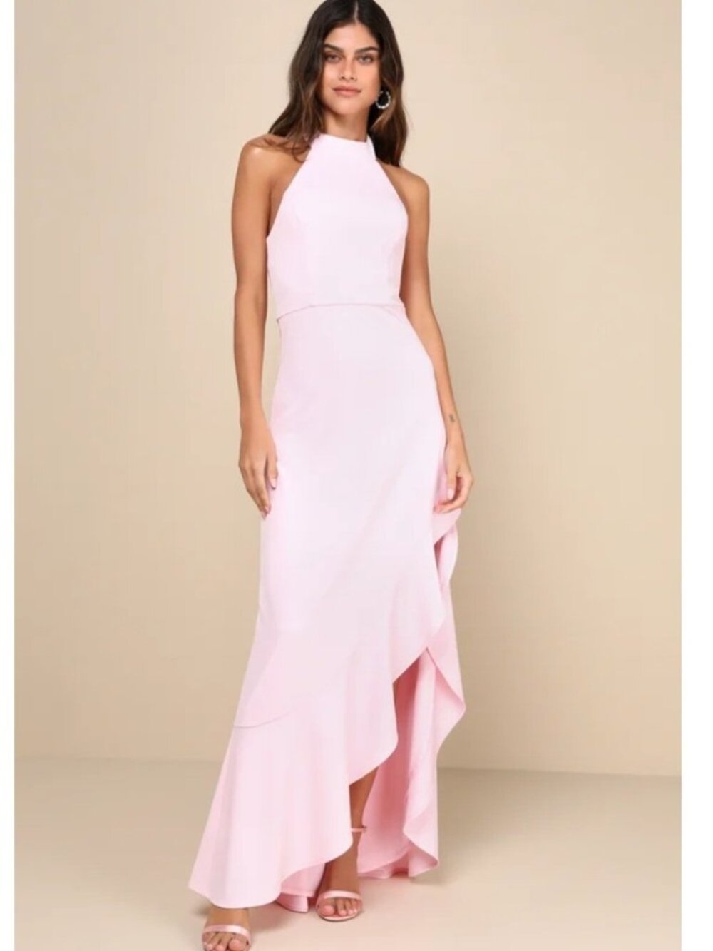 Lulus Majestic Perfection Light Pink Ruffled Halter Maxi Dress S